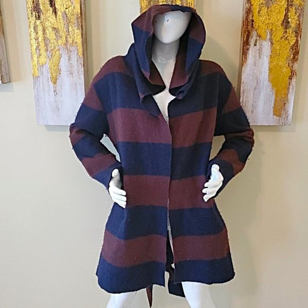 For Cynthia Brown/Blue Hooded Waist Tie Striped Wool Cardigan SZ L